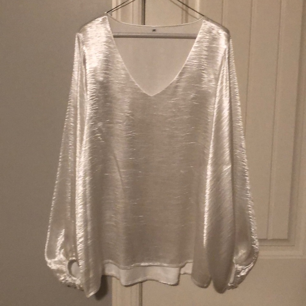 White Long Sleeve Shimmery V Neck Blouse